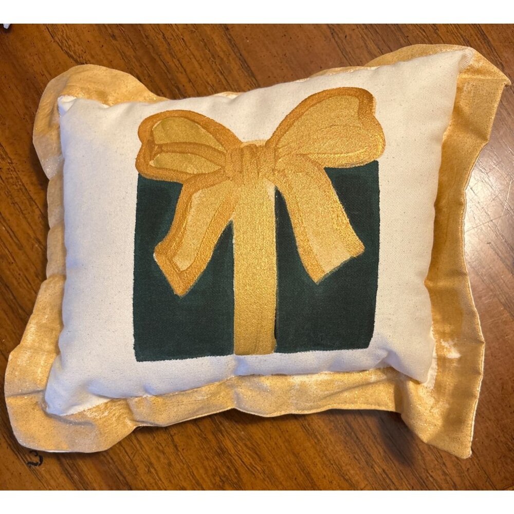Decorative Throw Pillow With Gold Ribbon Design & Glittered Ruffle Trim